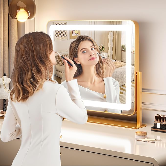 19.6 in x15.7 in Vanity Mirror with Lights, Large Lighted Mirror, LED Makeup Mirror with 3-Color Dimmable Modes and Smart Touch Control, Perfect for Desk or Bedroom, Vanity Desk Tabletop Makeup, Gold