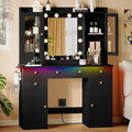Makeup Vanity Desk with Mirror and Lights, Black Vanity Table Set with Storage Drawers, Charging Station & Cabinets, Large Dressing Table with RGB Ambient Light for Women Girls Bedroom Bathroom