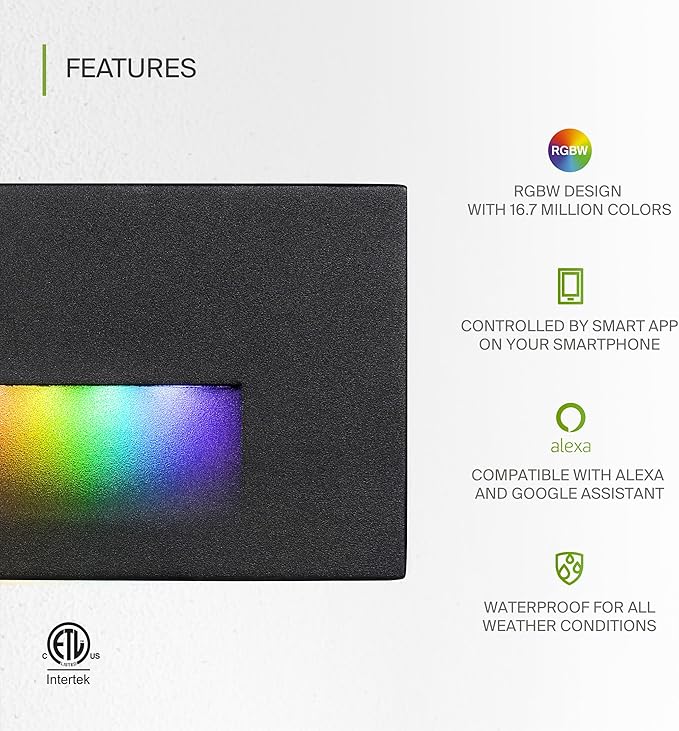 ASD LED Recessed Step Light Fixture, Outdoor & Indoor Tread Lighting | RGBW, Smart, Waterproof, ETL Listed | 3W 60LM RGB-2700K-6500K 120V | Staircase Hardwired Illumination | Black, 24 Pack