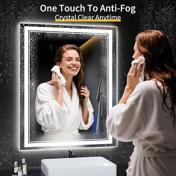 40"x32" LED Bathroom Mirror with Anti-Fog, Stepless Dimmable Lights, 3 Color Modes, Shatter-Proof Tempered Glass,Waterproof Design