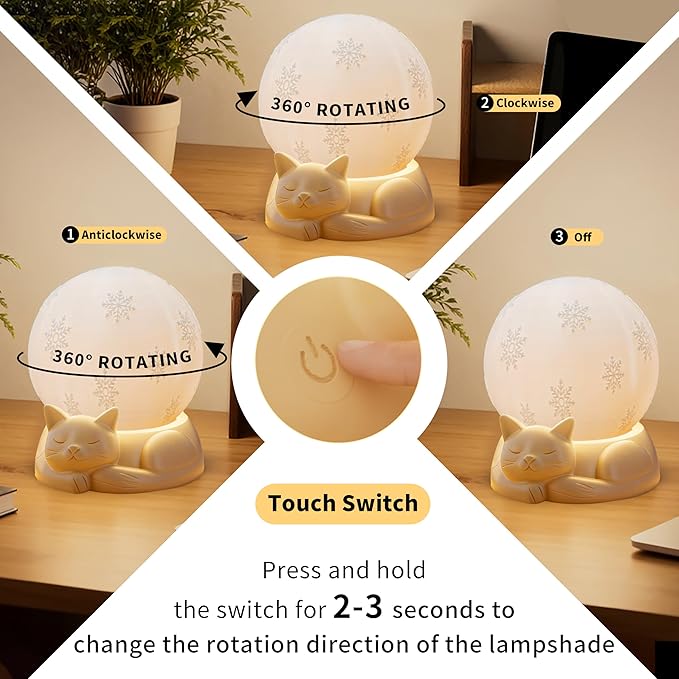 Bedside Table Lamp for Bedroom - Touch Control Rotating Cat Lamp with 3 Color Temperature, Rechargeable Battery Operated Cordless Lamp for Nightstand, Nursery, Kids Room