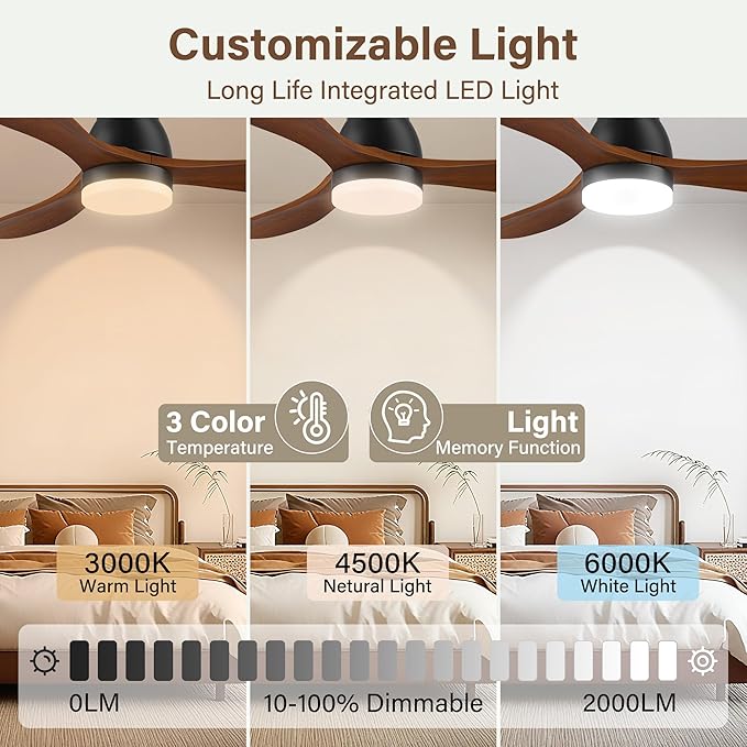 42 Inch Smart Ceiling Fans with Lights and Remote/Alexa,APP Control,Wood Flush Mount Hugger Ceiling Fan with Quiet DC Motor,Dimmable,Outdoor Indoor Low Profile Fan for Bedroom,Living Room,Patio,Porch