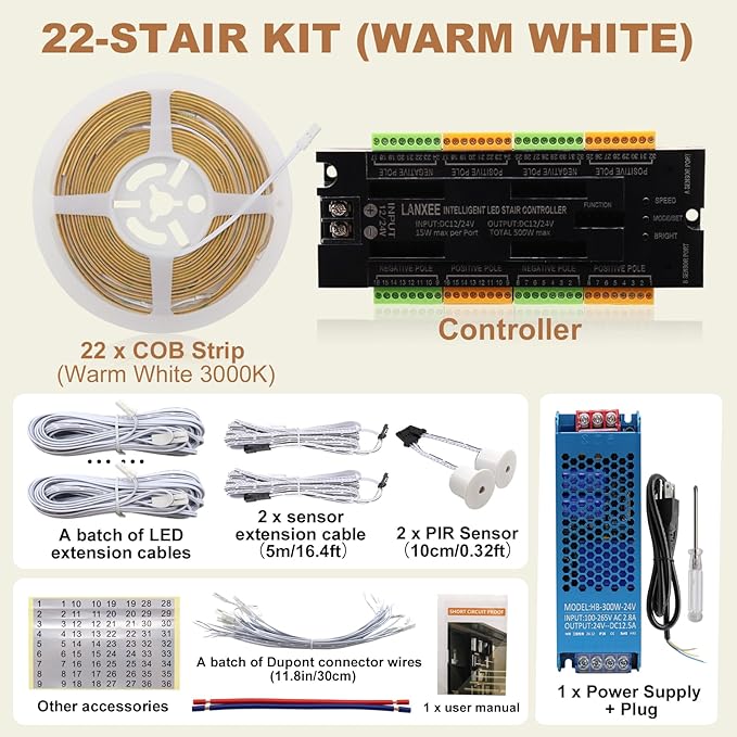 Intelligent 22-Step Motion Sensor Stair Light for Indoor, 40 inches Long Cuttable Motion Lights for Stairs (22 Stairs,3000K)