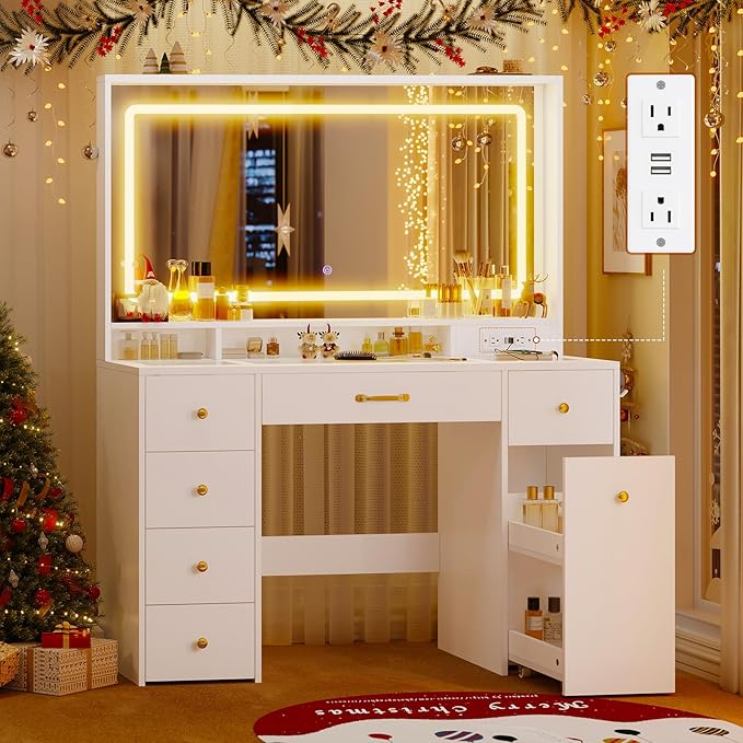 49.3“Large LED Mirror with Lights,Makeup Vanity Desk with 6 Drawers,Power Outlet,Glass Tabletop,Storage Shelf,Rolling Makeup Cart,Hairdryer Rack White