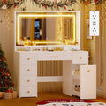 49.3“Large LED Mirror with Lights,Makeup Vanity Desk with 6 Drawers,Power Outlet,Glass Tabletop,Storage Shelf,Rolling Makeup Cart,Hairdryer Rack White