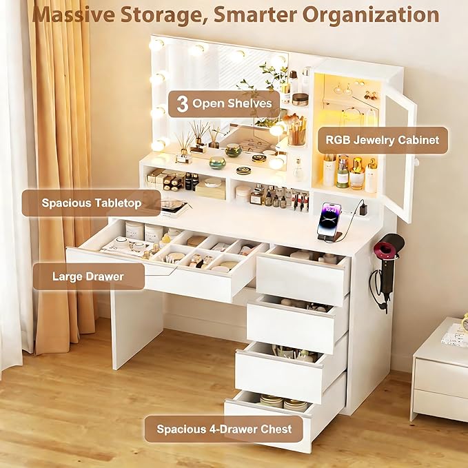 Vanity Desk with LED Lights Mirror, Makeup Table with Power Outlet for Ladies and Girls, 35.43" RGB Light Makeup Desk with 6 Storage Drawers for Bedroom, White 2