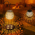 ODEETRONIC 2 Pack Warm White Outdoor Hanging Solar Garden Lanterns with Star Projection, Retro Hollowed-Out LED Lights, Waterproof for Yard Patio Lawn Porch Pathway Garden