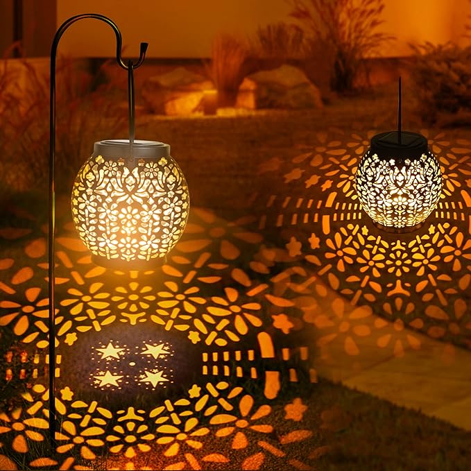 ODEETRONIC 2 Pack Warm White Outdoor Hanging Solar Garden Lanterns with Star Projection, Retro Hollowed-Out LED Lights, Waterproof for Yard Patio Lawn Porch Pathway Garden