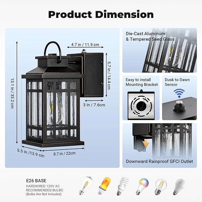 Exterior Lighting Fixtures with GFCI Outlet, Modern Black Outdoor Wall Light Fixture with Gold Trim, Dusk to Dawn Outside Lights for House, Garage, Garden, Porch, Hardwired, Easy-to-Install