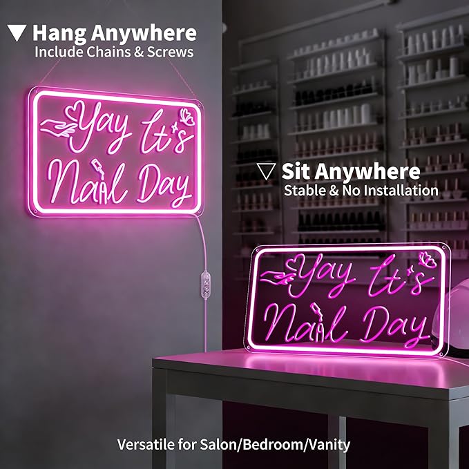 Yay It's Nail Day Neon Sign, Pink Neon Sign with 3D Carving Butterfly，Nails Neon Signs for Wall Decor, Bedroom - 3-Mode Dimmable USB Powered Salon Decor, Gifts for Nail Tech 16x8.8 Inches