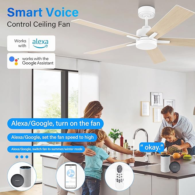 52” Smart Ceiling Fan with Lights Remote,Voice Control via Alexa Google WIFI App,Ultra Quiet DC Motor,Outdoor Indoor Modern Ceiling Fans,6-Speed for Bedroom Patio Porch,White and Wood Color