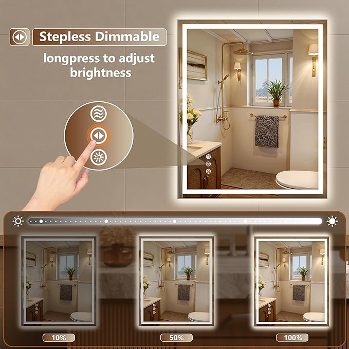 30x36 Inch LED Lighted Bathroom Mirror - Anti-Fog Vanity Mirror with Dimmable Front & Backlit, 3 Color Temp, Smart Memory - Shatterproof HD Glass, IP54 Waterproof Wall Mounted for Makeup Shaving