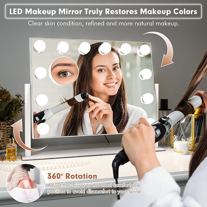 Kottova Vanity Mirror with Lights,15.7"x11.8"LED Makeup Mirror, Lighted Makeup Mirror with 10X Spot Mirror,Smart Touch 3 Colors Dimmable,360° Rotation,for Vanity Desk Tabletop,Plug in(White)