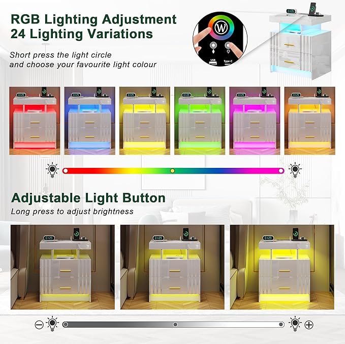 Nightstand with Wireless Charging Station,Set of 2 Bedroom Bedside Table with RGB Lights, Smart Night Stand with 2 Drawers, Bedside Tables Modern Bedside Table for Bedroom, Living Room(White)