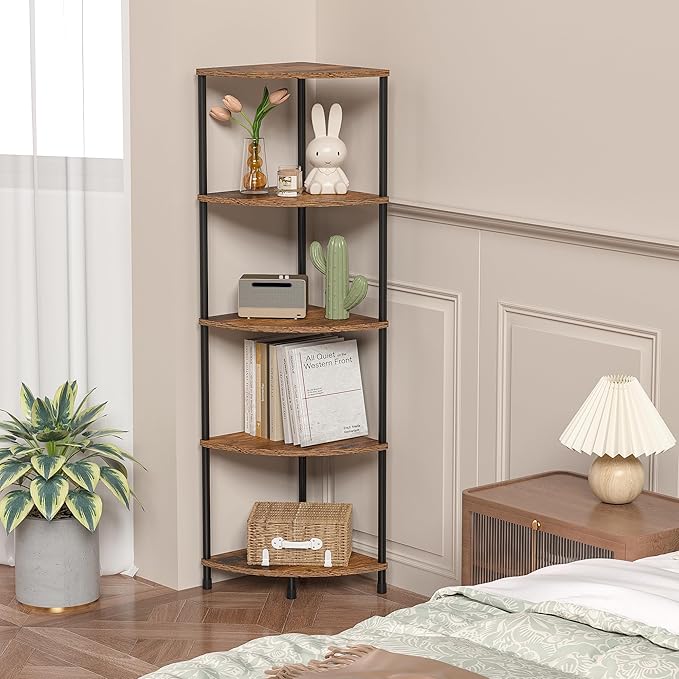 Corner Plant Stand Shelf, 5 Tier Tall Shelf Plant Stand for Indoor Plants, Rustic Brown Corner Bookshelf Wall Decor Living Room, 44.1" Display Shelf for Bedroom, Bathroom, Small Space