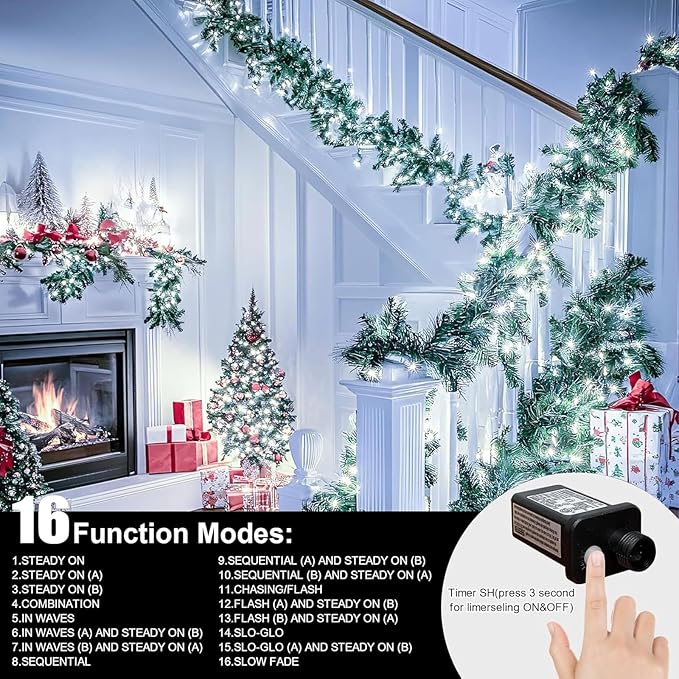 LAMPHOME 66ft Christmas Decorative Mini Lights,200 LED Transparent Wire Fairy Starry String Lights Plug in, 16 Lighting Modes, for Indoor Outdoor Xmas Tree Wedding Party Decoration (White)