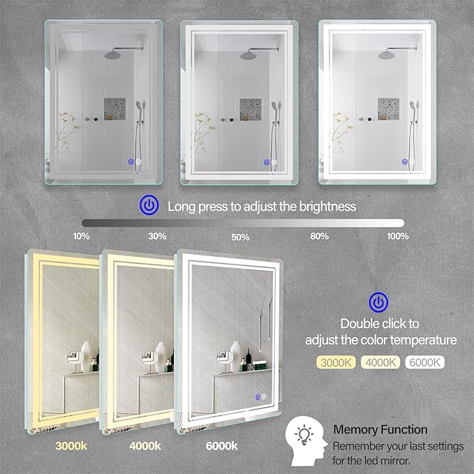 28x20 inch LED Lighted Bathroom Mirror with Anti-Fog, Fashion Bathroom Decor Vanity Mirror with Dimmable, Smart Control, Memory, Adjustable Warm White/Natural/Daylight, Birthday Wedding Gift
