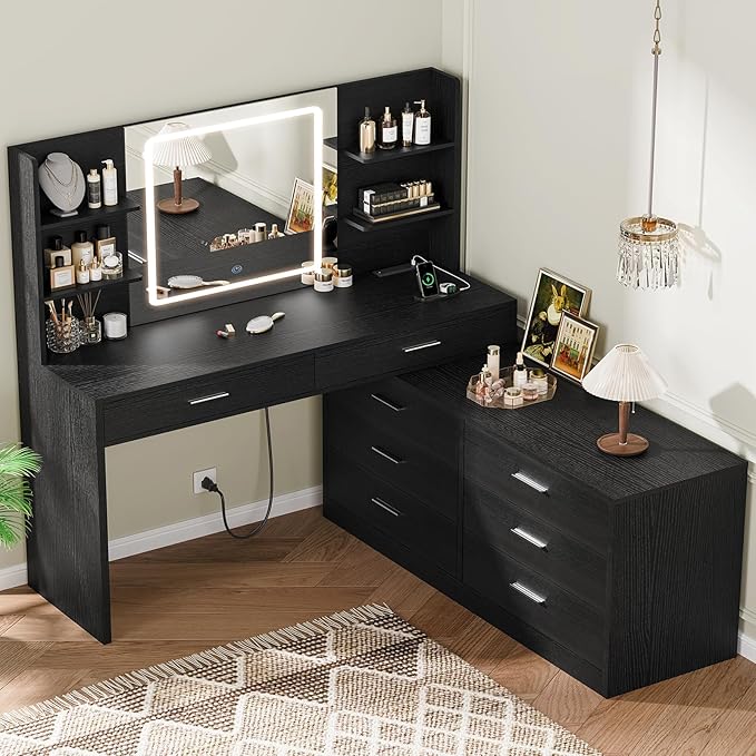 Quimoo Vanity Desk with LED Lighted Mirror & Power Outlet, Modern Corner Makeup Vanity Table with 8 Drawers & Open Shelves, Dressing Table for Bedroom, Makeup Room, Black