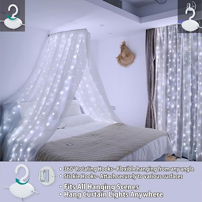 HXWEIYE 300LED Fairy Curtain Lights, 9.8x9.8Ft USB Plug-in 8 Modes Christmas String Hanging Lights with Remote for Bedroom Backdrop Wedding Indoor Wall Decor, White, Standard – 1 Pack