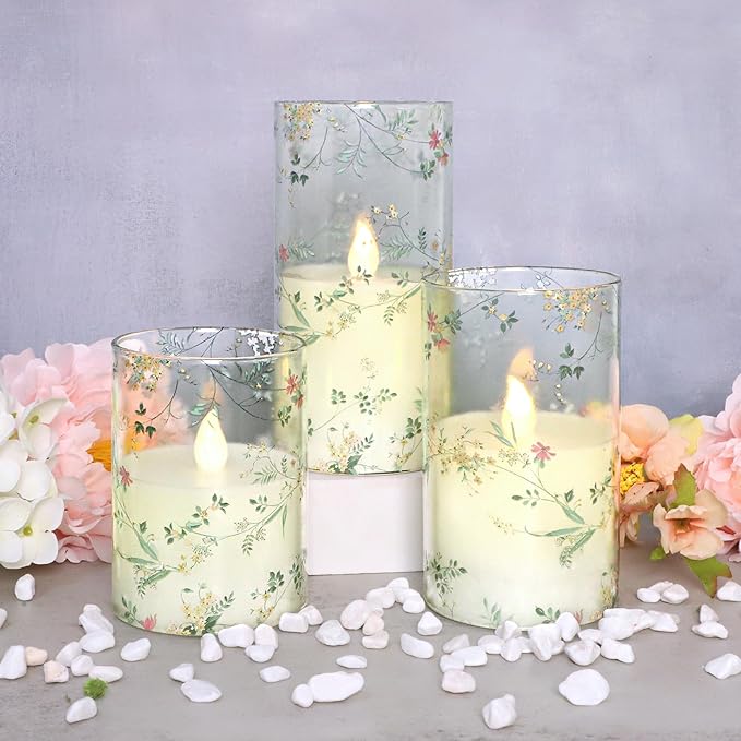 Flameless Candles with Remote Control, Flickering LED Glass Candles, Battery-Operated with Timer and Adjustable Brightness, Floral Branch Design for Home Decor and Wedding, Set of 3