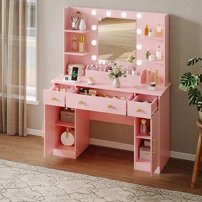 Vanity Desk with Mirror and Lights, Makeup Vanity with Mirror and LED Lights & Power Outlet, 3 Drawers and Cabinets, 3 Lighting Modes Dressing Table Set for Girls Women Bedroom,Pink