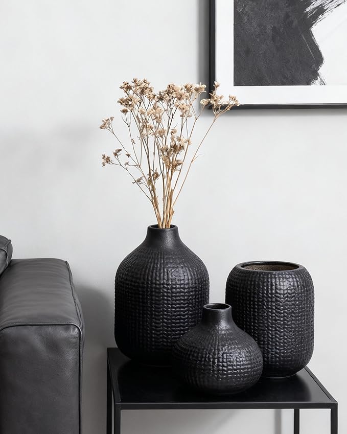 Black Ceramic Vases for Decor, 3 Set Weave Style Modern Minimalist Farmhouse Decoration for Table Shelf, Bookshelf Decoration