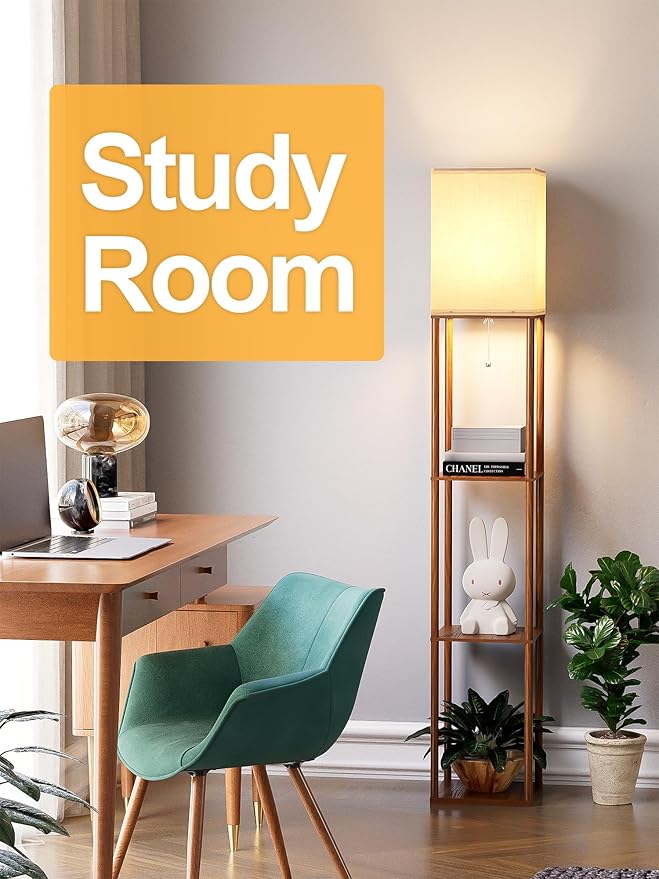 Floor Lamp with Shelves for Living Room Walnut Brown, Shelf Floor Lamp with 3 CCT LED Bulb, Corner Display Standing Column Lamp Etagere Organizer Tower Nightstand with White Linen Shade for Bedroom