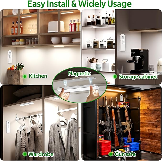 AIBOO Under Counter Lights, 1800mAh Rechargeable Gun Safe Lights Motion Sensor Lights,3 Pack 8 inch Under Cabinet Lighting,3 Color Temperatures Magnetic Closet Lights for Kitchen, Stairs,Wardrobe