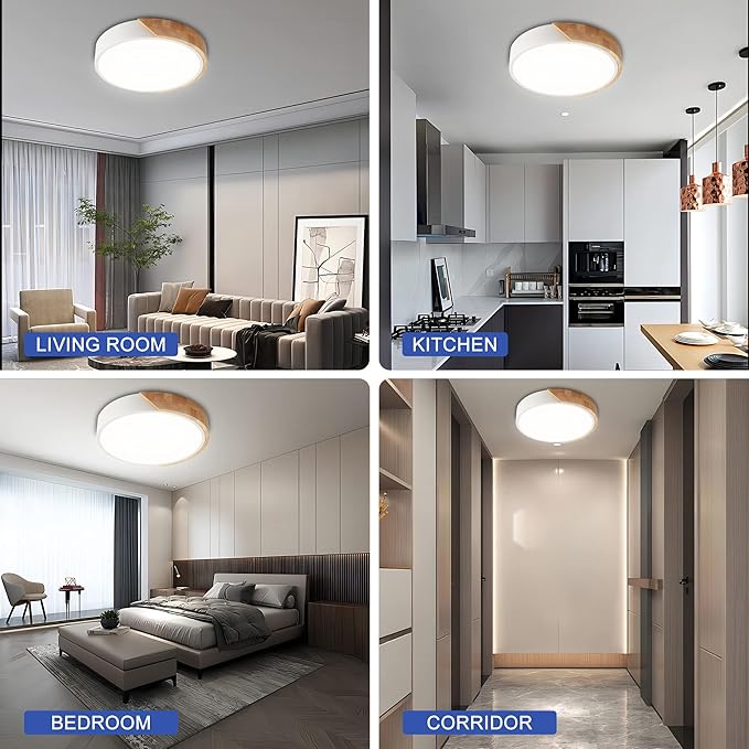 Flush Mount Ceiling Light, 12 inch LED Ceiling Light Fixture, Matte White with Wood, 4500K/24W(150w Equiv.), Not Dimmable Indoor Lighting Fixtures Ceiling for Bedroom and Hallway