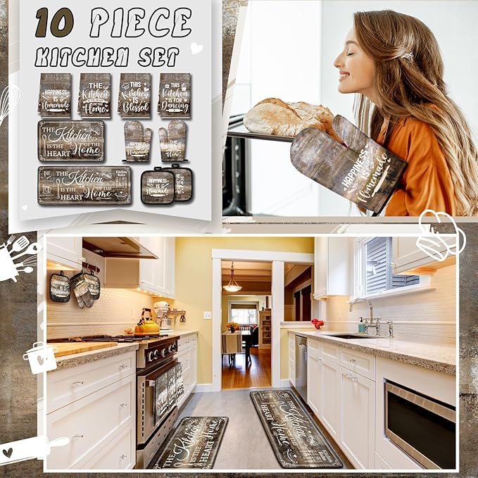Fourluoo 10 Pcs Farmhouse Kitchen Decor and Accessories Set 4 Kitchen Towels 2 Pot Holders 2 Oven Mitts 2 Rugs for Cooking Baking Mom Housewarming Gifts(Brown Gray,Classic Style)