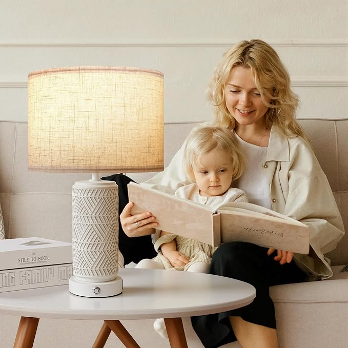 Touch Table Lamp Set of 2 for Home and Modern Farmhouse Decor - Ceramic Boho Bedside Lamps with USB Port - White Nightstand Light for Bedroom, Living Room, Side Tables and Small Night Stand