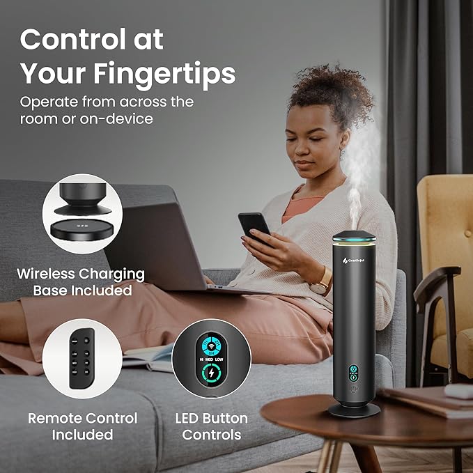 MajesticMist Waterless Essential Oil Diffuser, Rechargeable Aluminum Cold-Air Aroma Diffuser for Large Rooms up to 1000 sq ft, Wireless Charging Base, Quiet, 4 oz, Remote Control