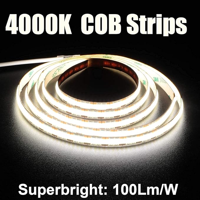 dephen 4.9ft Dimmable LED Strip Lights, 5v 4000K Daylight Dotless COB String, Flexible and Cuttable Rope Lighting, Self Adhesive Tape for TV Backlight, Bedroom, Cabinet, Kitchen, DIY