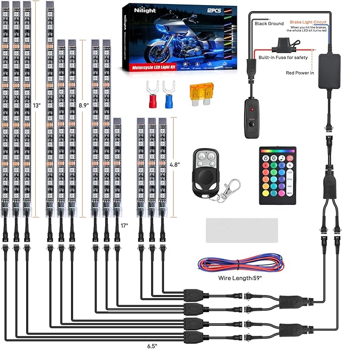 Nilight - TL-35 12PCS Motorcycle RGB Led Light Kit Waterproof Multi-Color Atmosphere Lights Lamp with Dual RF Wireless Remote Controllers for Harley Davidson Honda Kawasaki Suzuki, 2 Years Warranty