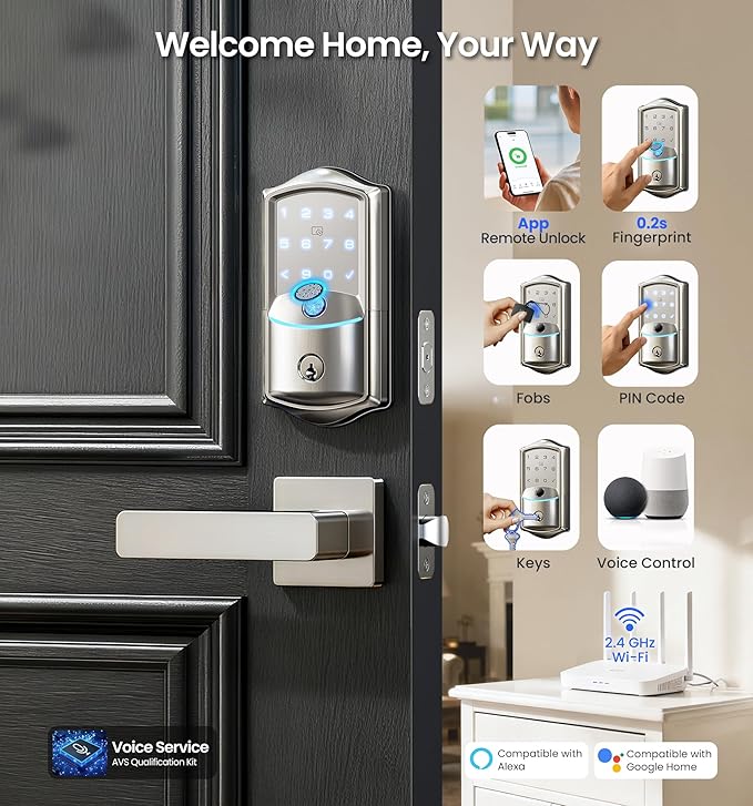 Veise VE027-L Built-in WiFi Smart Lock with Handle, Fingerprint keyless Entry Door Lock Set, App Remote & Voice Control, Electronic Deadbolt for Front Door, Touchscreen Keypad, Auto Lock, Satin Nickel
