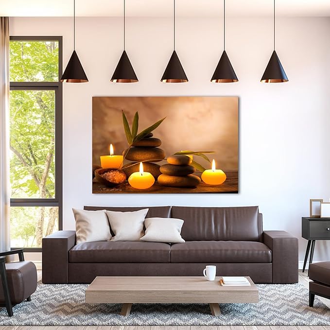Zen Wall Art Decor, Modern Bathroom Zen Decor Wall Art, Zen Relaxing Canvas Wall Art for Spa Room Decor, Black Pebble and Lighted Candles Zen Art Prints for Office & Spa Wall Decor 24x36 Inches