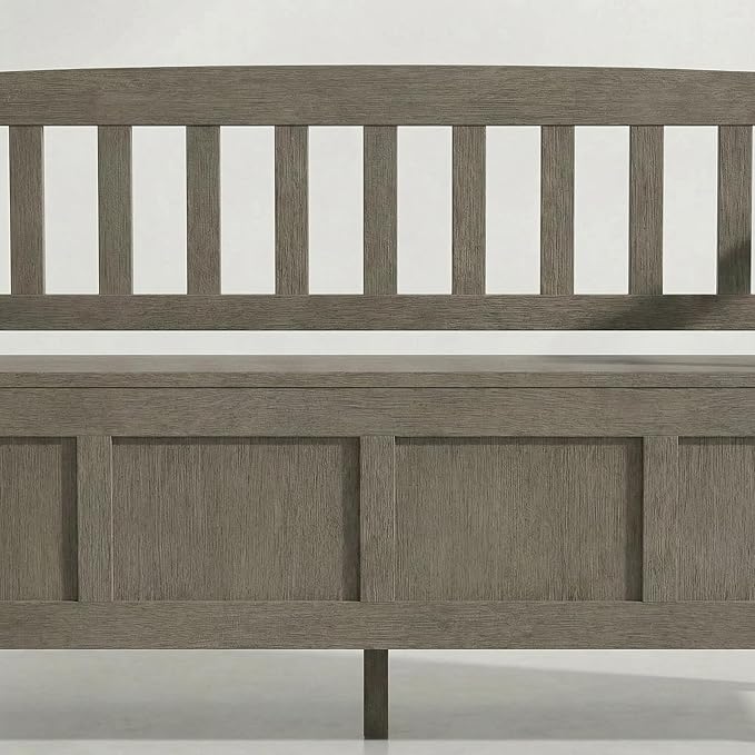SIMPLIHOME Brooklyn Entryway Storage Bench - 48 inch Wide Solid Wood Storage Seat in Aged Grey, Contemporary Bench for Entryway or Living Room with Lift-Up Lid and Slatted Backrest