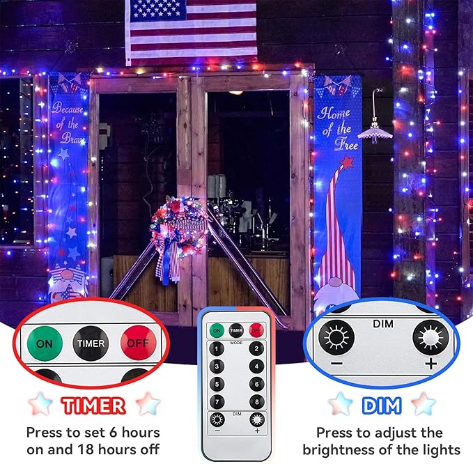 ITICdecor 4th of July Decorations 100 LED Red White and Blue Fairy String Lights, 33Ft String Lights Battery Operated Waterproof, 8 Modes Connectable Patriotic Lights for Home Yard Patio Party Decor