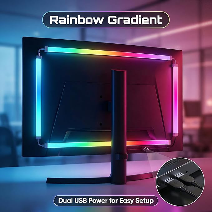 RGB Monitor Backlight with Screen Sync for 32 Inch Screens, Dual USB Powered LED Ambient Lighting Kit, Music Rhythm & Dynamic Modes, Immersive Bias Lighting for Home Office Gaming (4 Sides - 32 inch)