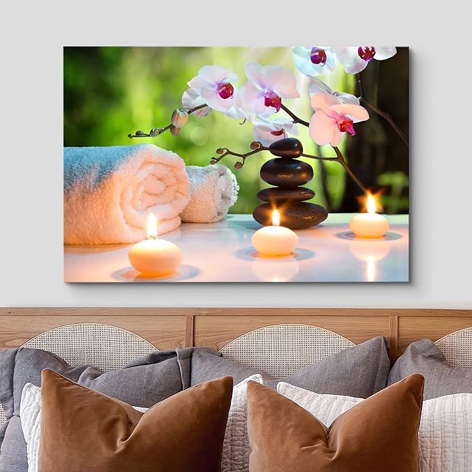 wall26 Canvas Print Wall Art Massage Stones, Candles & Orchid Flowers Floral Botanical Photography Realism Tropical Zen Multicolor Ultra for Living Room, Bedroom, Office - 32"x48"