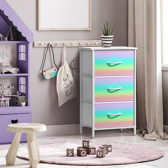 Sorbus Nightstand with 3 Drawers - Bedside Furniture & Accent End Table Chest for Home, Bedroom Accessories, Office, College Dorm, Steel Frame, Wood Top, Pastel Fabric Bins