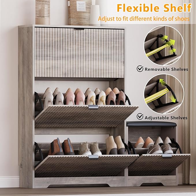 Slim Shoe Cabinet with Bench for Entryway, Hidden Storage and Adjustable Shelves, Free Standing Wooden Shoes Organizer for Hallway, Foyer