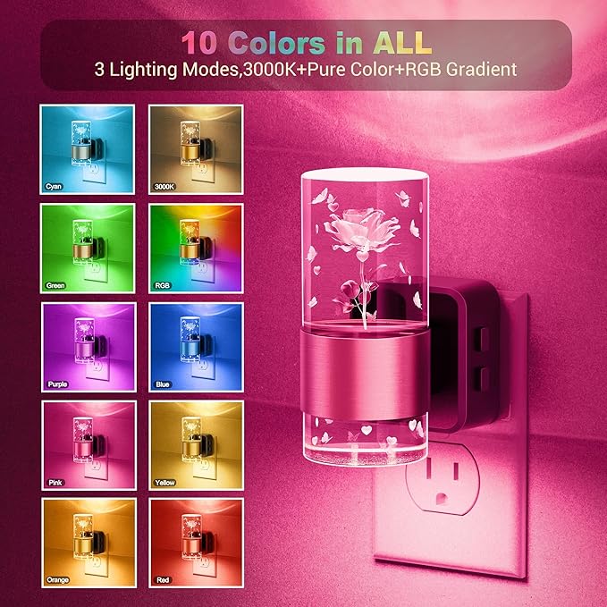 JandCase Night Lights Plug into Wall,Rose Carved Night Light for Girls, 3000K+RGB 10-Color LED Nightlight with Dusk to Dawn Sensor, 10/50/100LM Adjustable Brightness for Birthday Home Decor