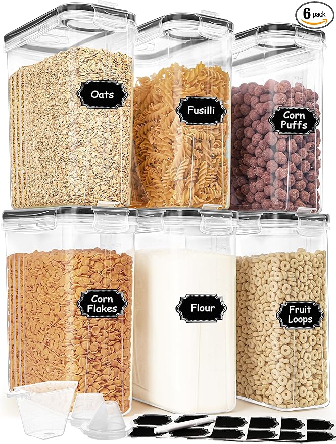 HKJ Chef Cereal Containers Storage Set (4L / 135.2oz), 6PCS Airtight Food Storage Containers with Lids, Cereal Dispensers for kitchen Pantry Organizers and Storage with Pour Spout, 20 Labels, Marker