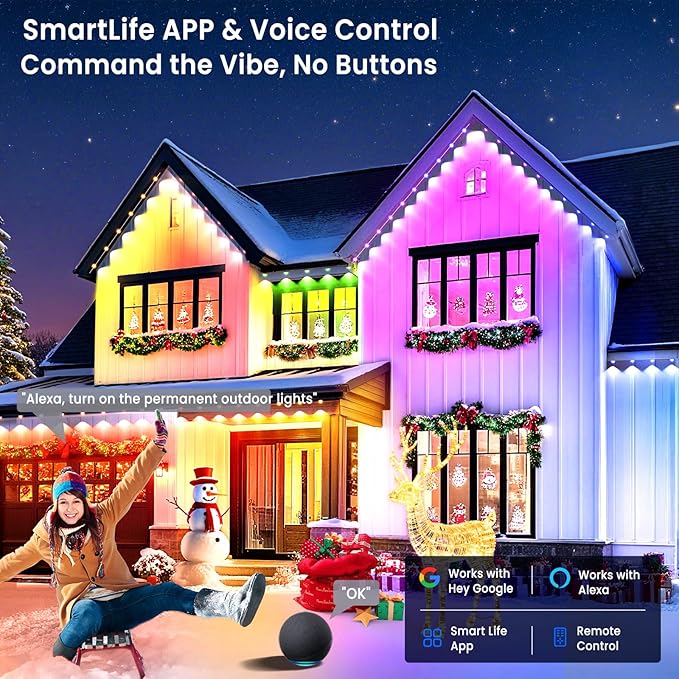 Smart Permanent Outdoor Lights for House, 50ft with 30 RGB+IC Eaves Lights Outdoor, P67 Waterproof with DIY Scene for Halloween Christmas Decor, , Remote Control, Work with Alexa, Google Assistant