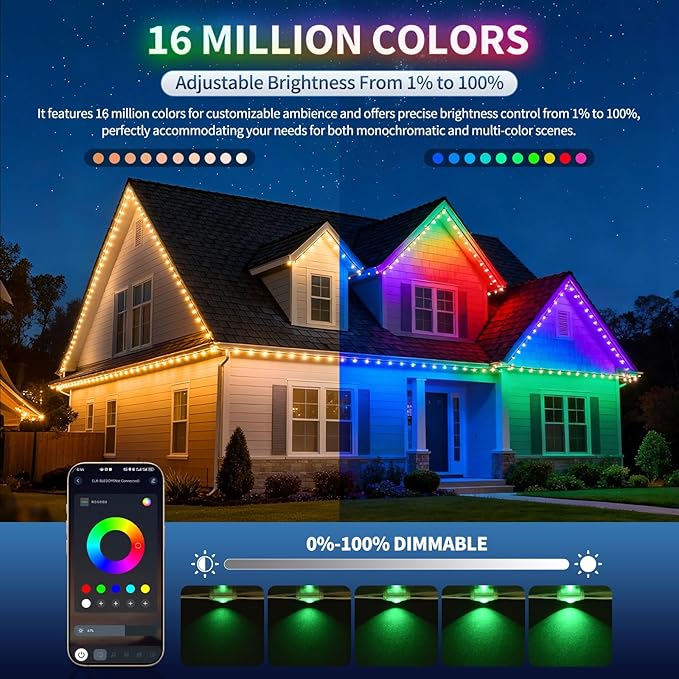 Permanent Outdoor Lights, 100FT RGB Christmas Lights with 50 LED, App/Remote Control, 33 Scene Modes, 216 Lighting Modes, 16 Million DIY Colors, Waterproof for House Roof Lighting