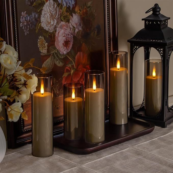 Acrylic Flameless Flickering Candles with Remote Control and Timer, Battery Operated LED Fake 2.2" x 5",6",7",8",8" Plastic Pillar Candles for Home Decor(Long-Lasting, Grey)