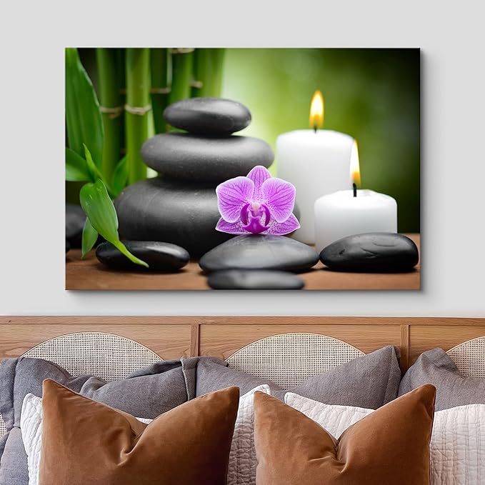 wall26 Canvas Print Wall Art Purple Orchid with Candles, Massage Stones & Bamboo Floral Nature Photography Realism Zen Scenic Multicolor for Living Room, Bedroom, Bathroom, Office - 12"x18"