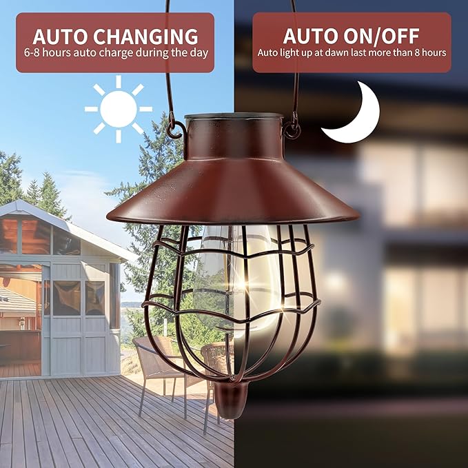 2 Pack Solar Lantern Outdoor Waterproof, Solar Lights Outdoor with Vintage Metal Warm White Edison Bulb Design, Hanging Lanterns Decorate for Garden Yard and Porch (Red)