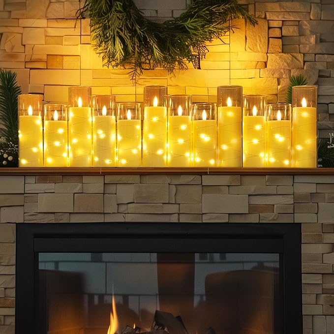 Homemory 12Pcs Flameless Candles with Star String Fairy Lights, Flickering Battery Operated Candles, LED Fake Candles with Remote and Timer, Christmas, Weddings, Home Decor, White